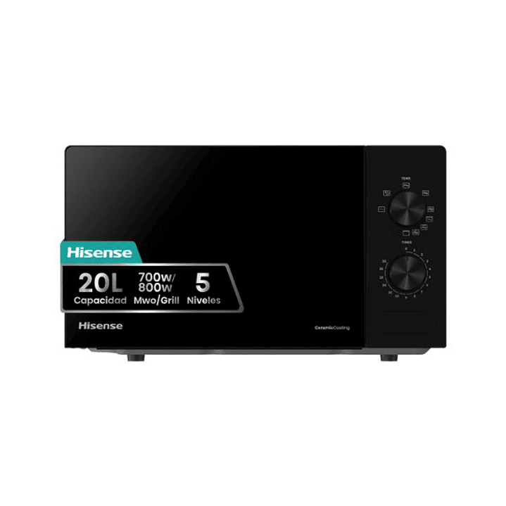 Microondas Hisense H20MOBP1G 20L con Grill 1000W – Microondas Compacto 700W Negro con 5 Niveles de Potencia 1