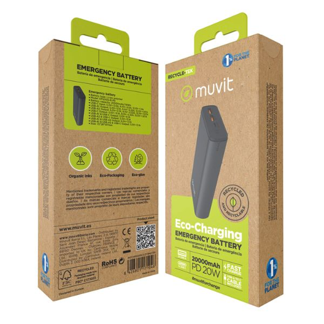 Powerbank Muvit for Change DP200G-R-PD 20000mAh 20W USB-C | Batería Externa Negra 6