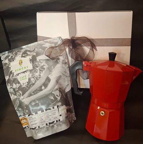 Promo café + cafetera italiana roja + caja
