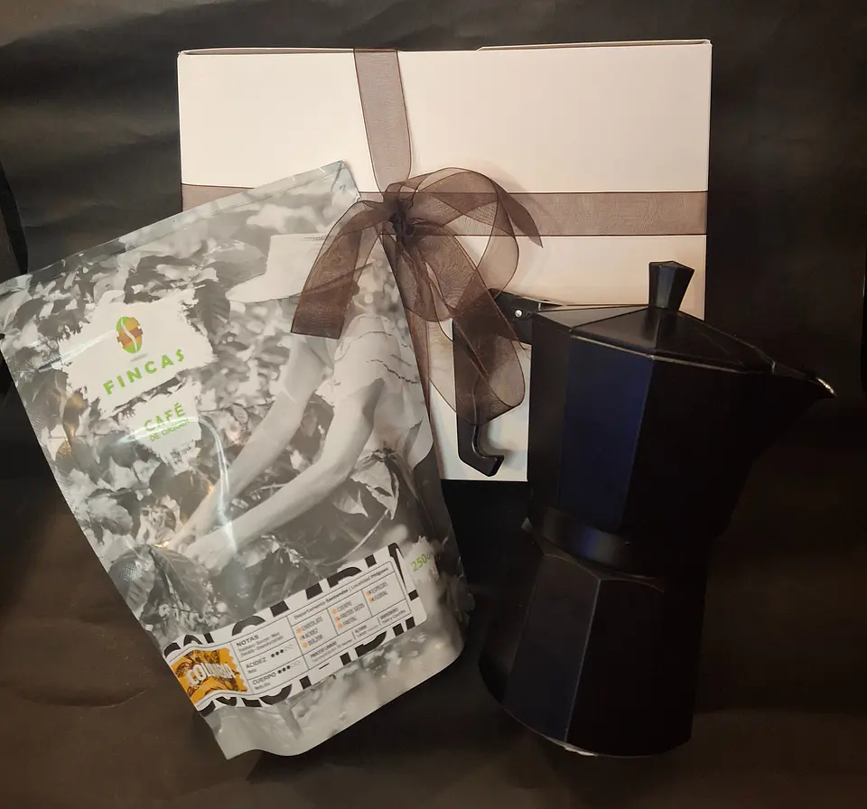 Promo café + cafetera italiana negra + caja 1