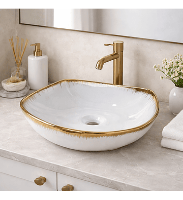 LOZA DE SOBREPONER PARA LAVAMANOS BLANCO CON DORADO
