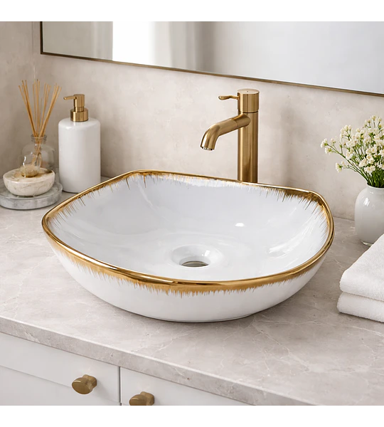 LOZA DE SOBREPONER PARA LAVAMANOS BLANCO CON DORADO