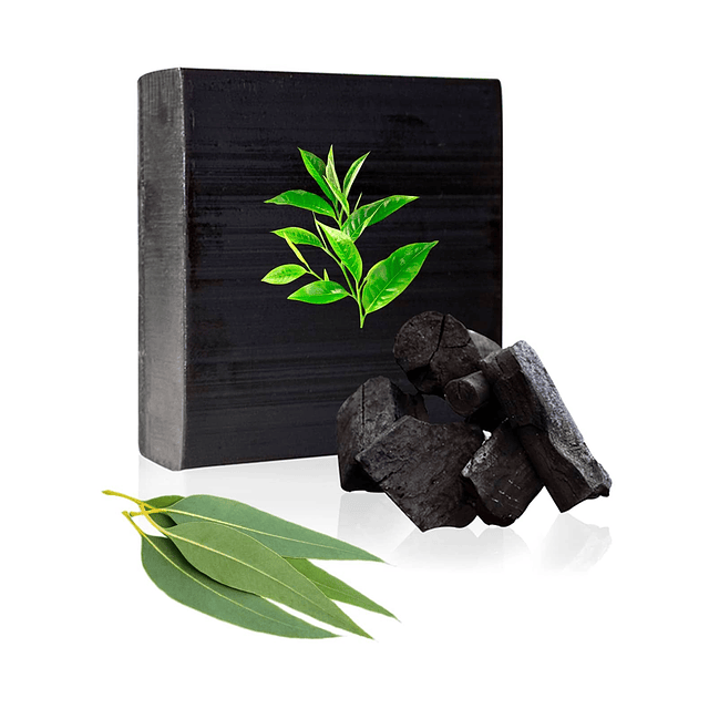jabón barra de carbón natural activado con aceite eucalipto, arbol de té y extracto de benjuí