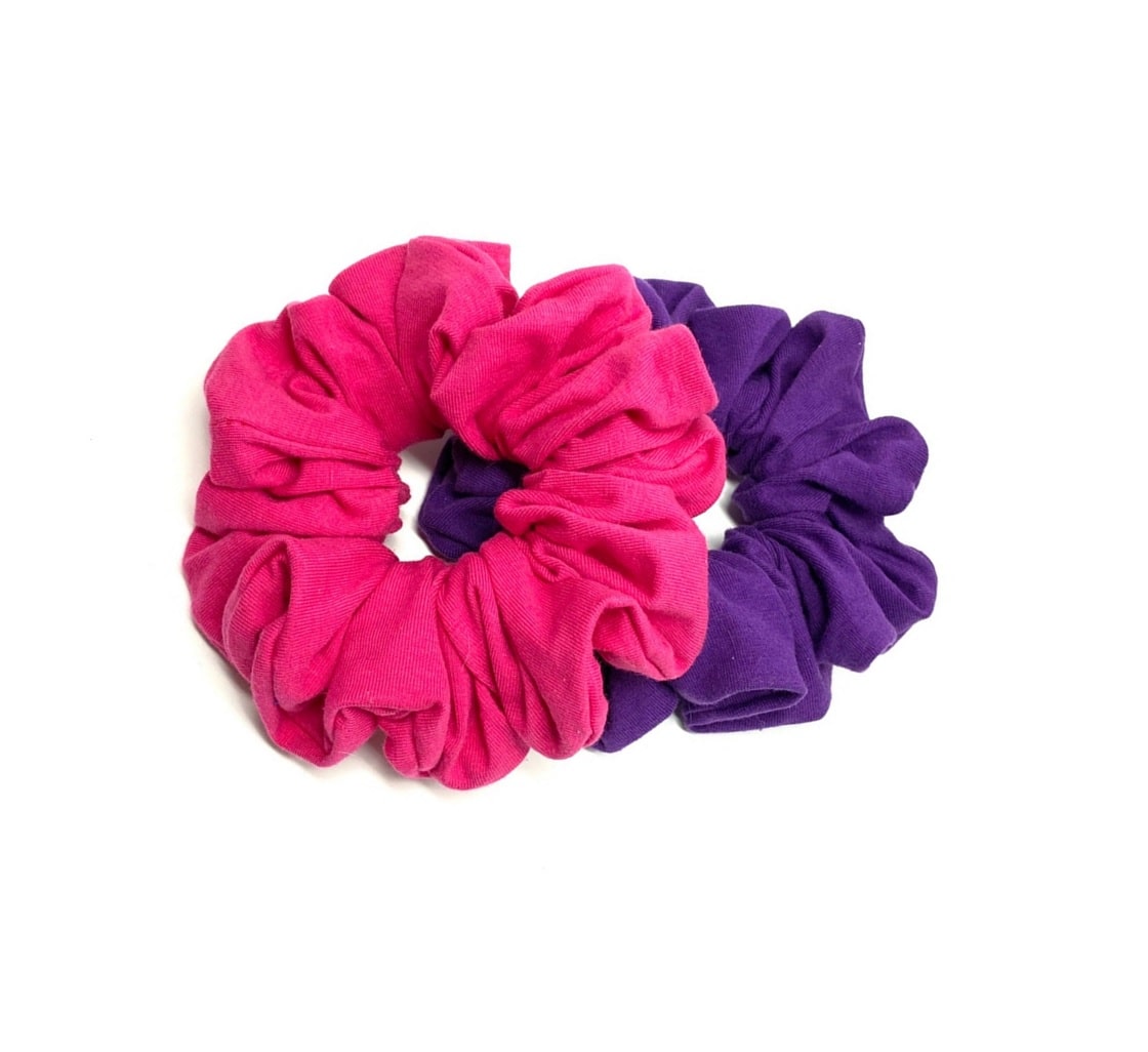 2 scrunchies morado y rosado coleta para cabello tonos alegres en venta