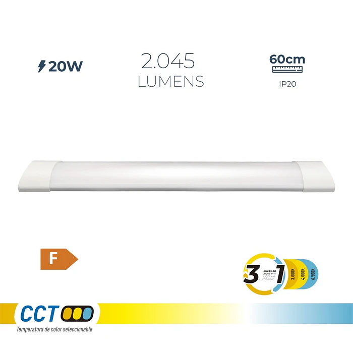 [Demo] Armadura LED 20 W Temperatura de Luz Variável  6500 K / 4000 K / 3000 K, 3cct, 2045 lm, 60x2,6x7,4 cm 1