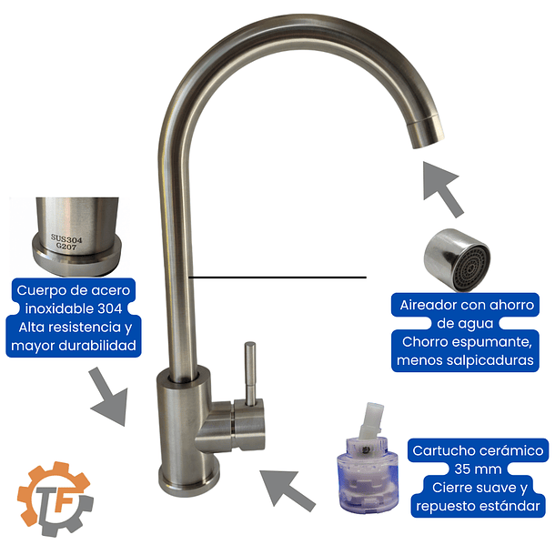 Llave Monomando Lavaplatos Vertical Inoxidable 3