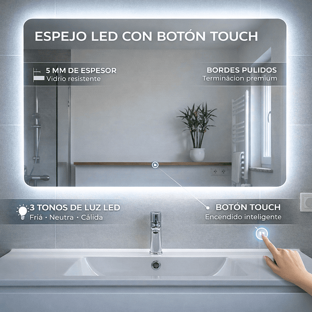 Espejo Rectangular LED Touch 70x100 cm – Luz Posterior con 3 Tonos de Iluminación 5