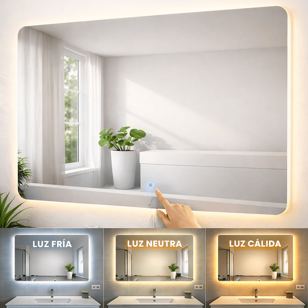 Espejo Rectangular LED Touch 70x100 cm – Luz Posterior con 3 Tonos de Iluminación 6