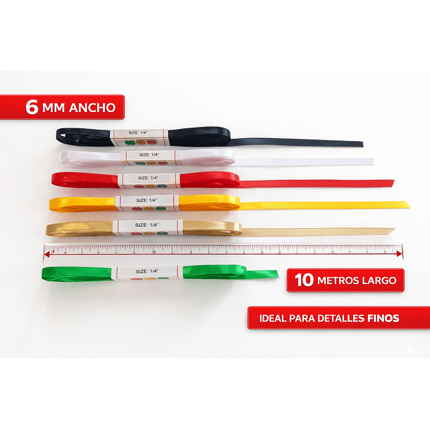 Rollo Cinta Satin Raso Genero 7mm 10 Mts Pack 6 Colores 6