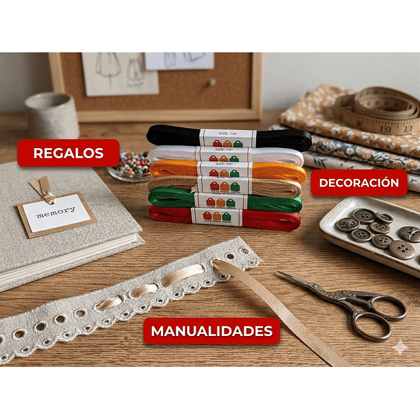 Rollo Cinta Satin Raso Genero 7mm 10 Mts Pack 6 Colores 3