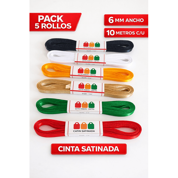 Rollo Cinta Satin Raso Genero 7mm 10 Mts Pack 6 Colores 4