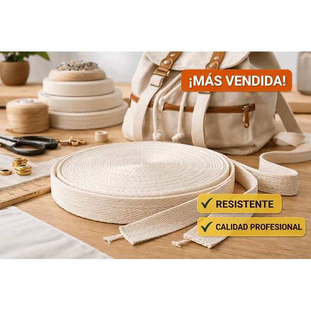 Huincha Mochila Espiga Algodón 50 Mts Anchos: 2, 3 y 4 cms Crudo Natural 1