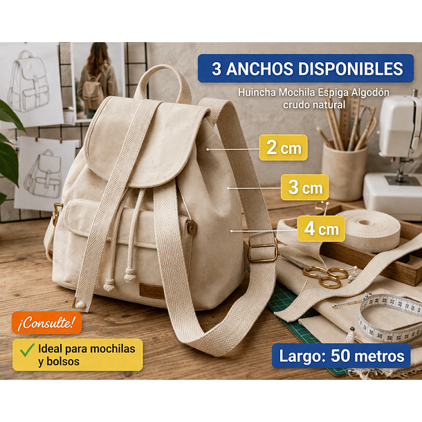 Huincha Mochila Espiga Algodón 50 Mts Anchos: 2, 3 y 4 cms Crudo Natural 4