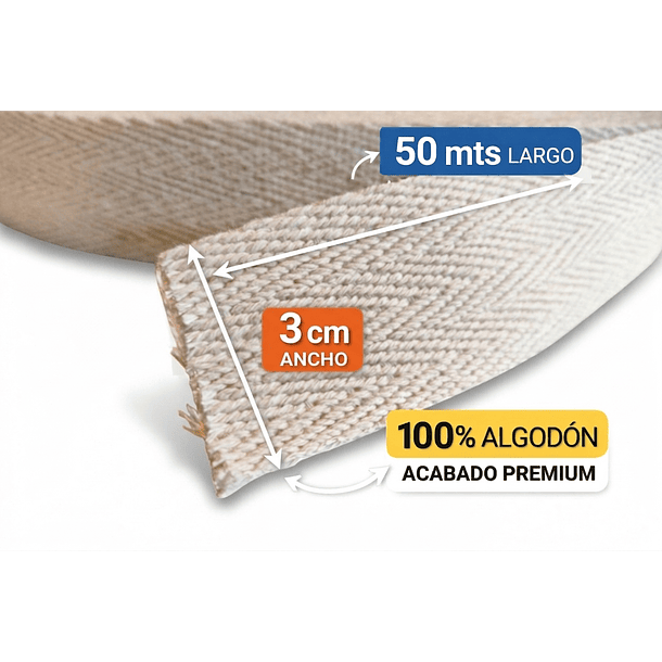 Huincha Mochila Espiga Algodón 50 Mts Anchos: 2, 3 y 4 cms Crudo Natural 5