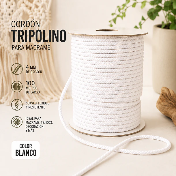 Cordón Tripolino Macramé 4mm X 100 Metros 500 Grs Poliéster 5