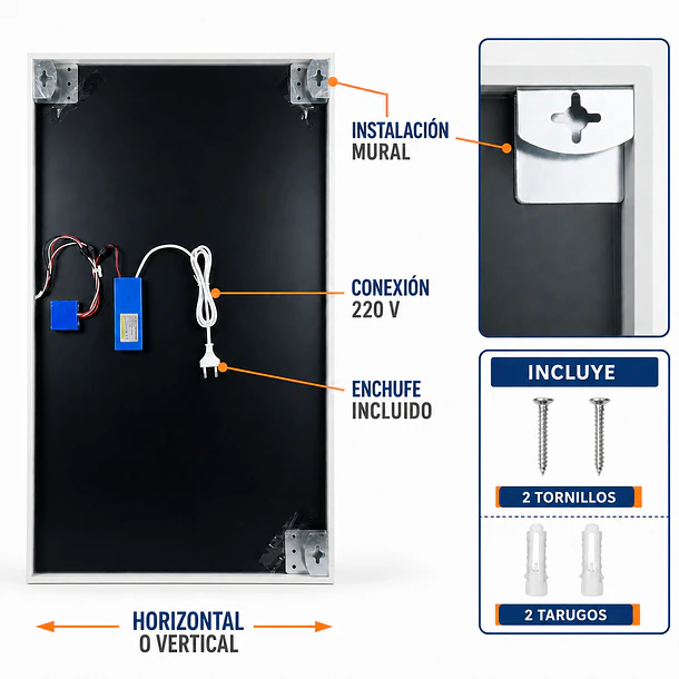 Espejo Rectangular LED Touch 70x100 cm – Luz Posterior con 3 Tonos de Iluminación 7