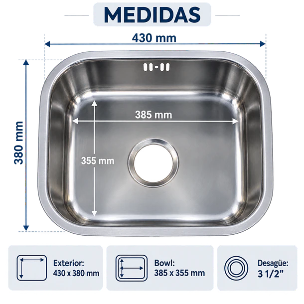 Lavaplatos Acero inoxidable Bajo Cubierta 43x38 con Desagüe y Sifón 4