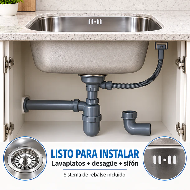 Lavaplatos Acero inoxidable Bajo Cubierta 43x38 con Desagüe y Sifón 3