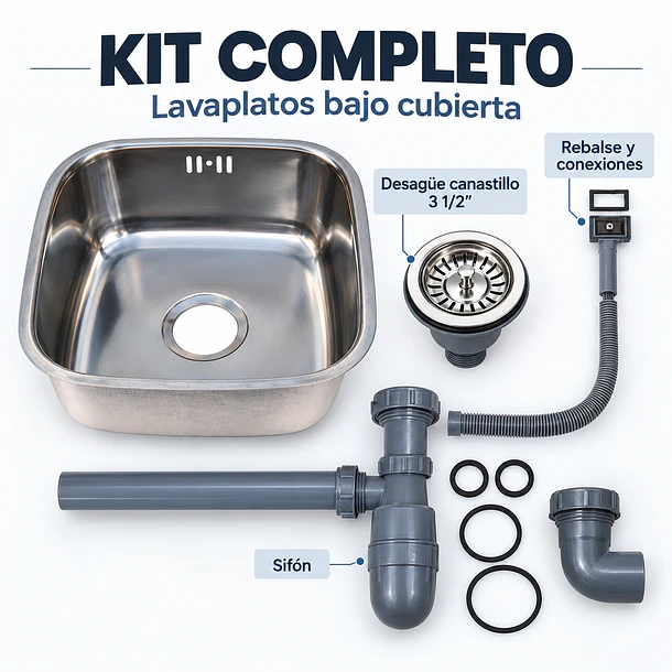 Lavaplatos Acero inoxidable Bajo Cubierta 43x38 con Desagüe y Sifón 7