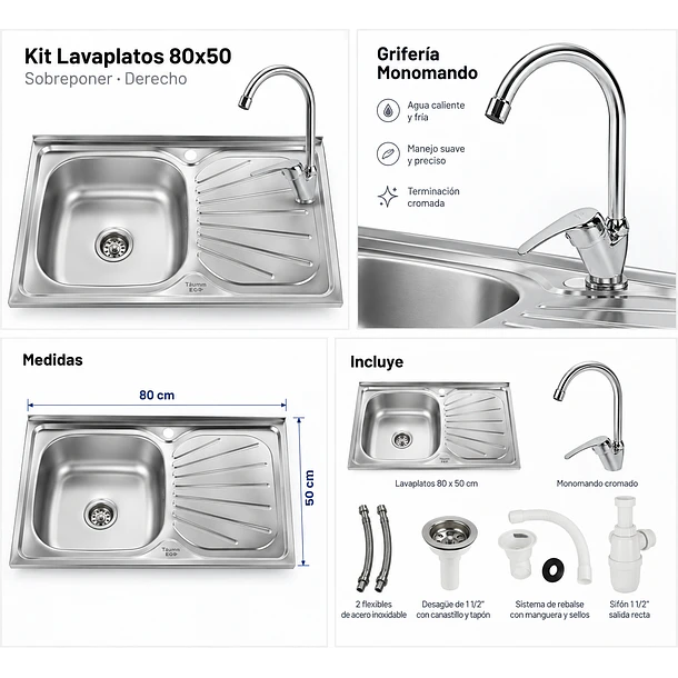 Kit Lavaplatos TAUMM 80 × 50 cm con Monomando, Desagüe, Rebalse y Sifón 3