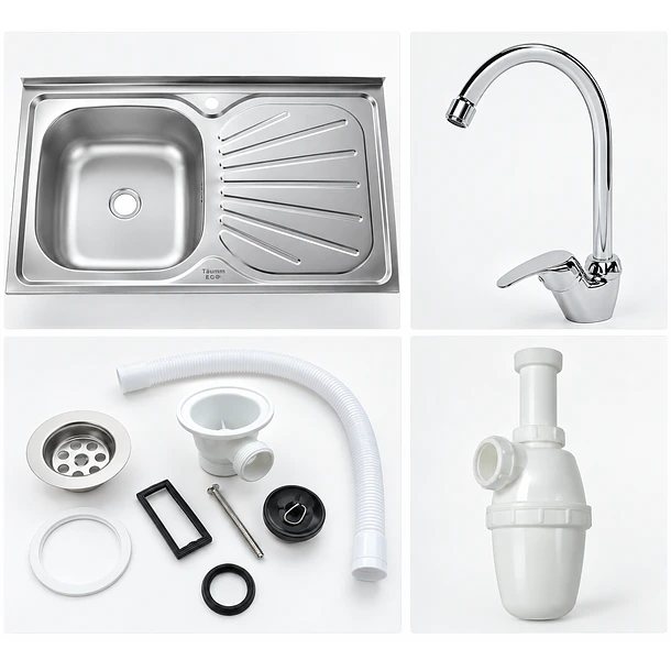 Kit Lavaplatos TAUMM 80 × 50 cm con Monomando, Desagüe, Rebalse y Sifón 4