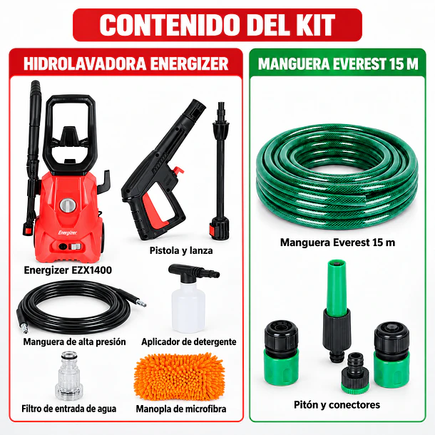 Kit Hidrolavadora Energizer 110 Bar + Manguera 15m 8