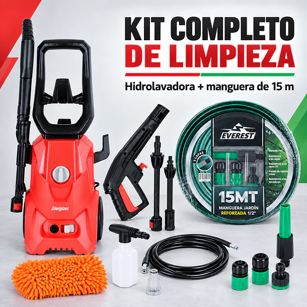 Kit Hidrolavadora Energizer 110 Bar + Manguera 15m 3