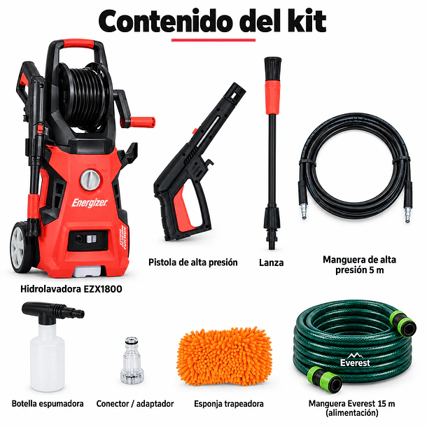 Kit Hidrolavadora Energizer EZX1800 140 Bar 1800 W + Manguera Everest 15 m 2