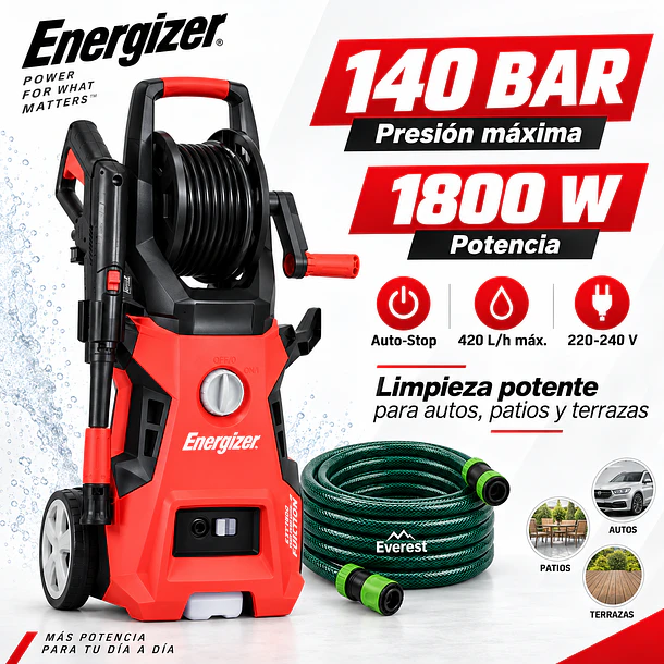 Kit Hidrolavadora Energizer EZX1800 140 Bar 1800 W + Manguera Everest 15 m 5