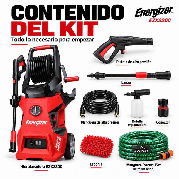 Kit Hidrolavadora Energizer 170 Bar 2200W + Manguera 15m