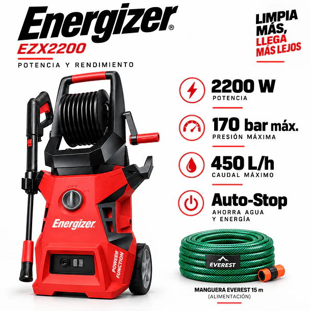 Kit Hidrolavadora Energizer 170 Bar 2200W + Manguera 15m