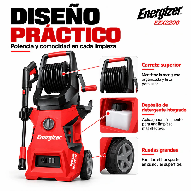 Kit Hidrolavadora Energizer 170 Bar 2200W + Manguera 15m 4