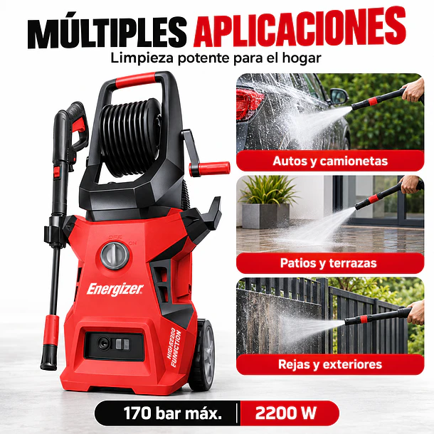 Kit Hidrolavadora Energizer 170 Bar 2200W + Manguera 15m 7