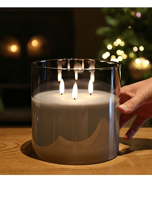 VELA cera efecto realista con LUZ LED vaso vidrio GRIS 15cm