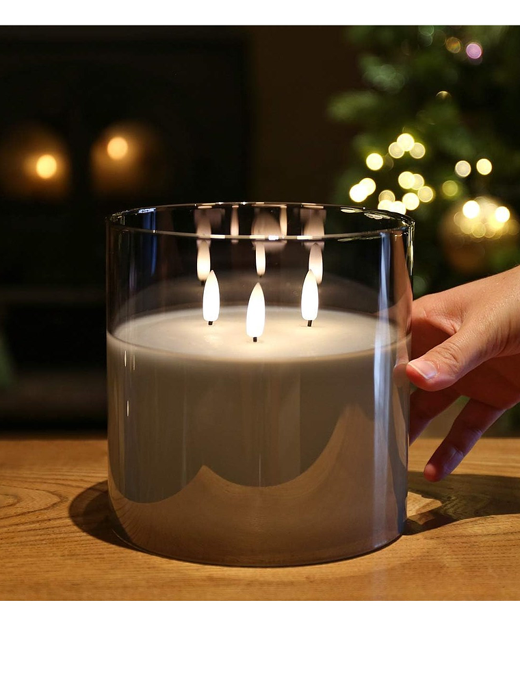 VELA cera efecto realista con LUZ LED vaso vidrio GRIS 15cm 1