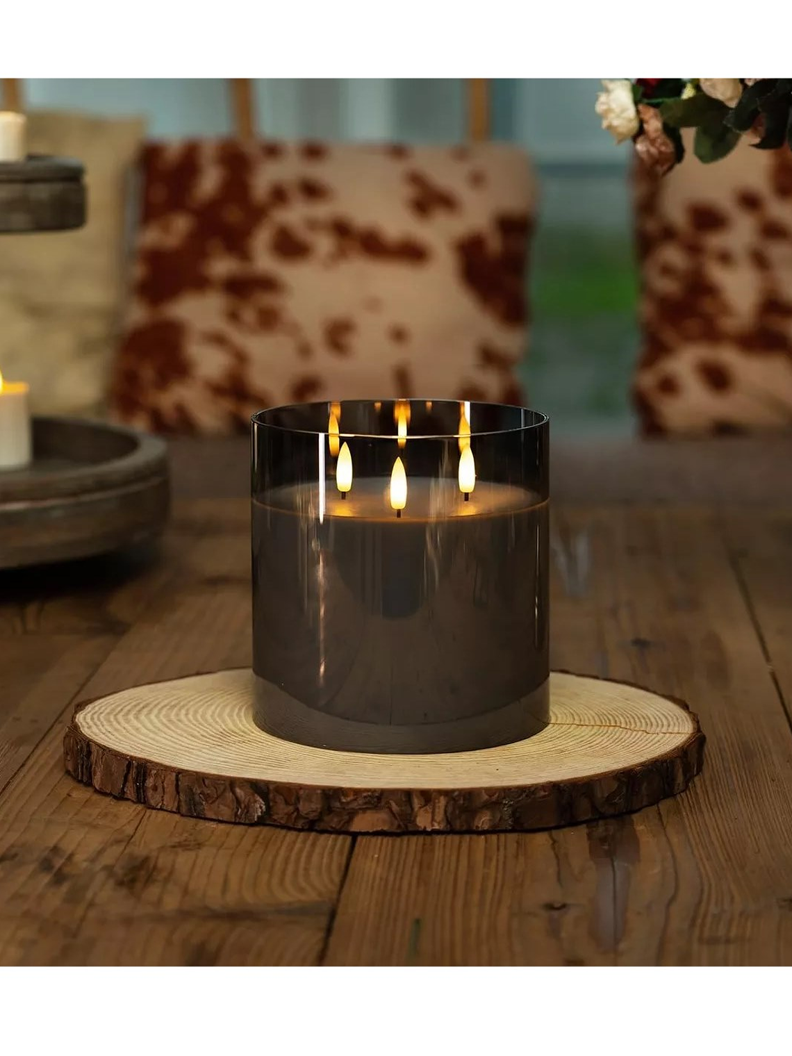 VELA cera efecto realista con LUZ LED vaso vidrio GRIS 15cm 3