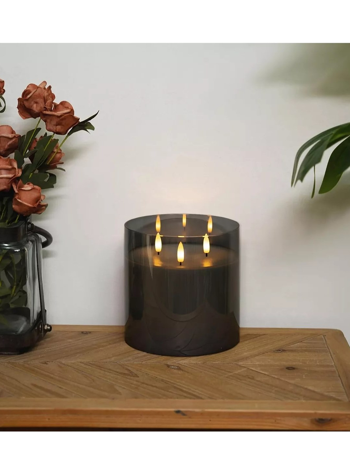 VELA cera efecto realista con LUZ LED vaso vidrio GRIS 15cm 4