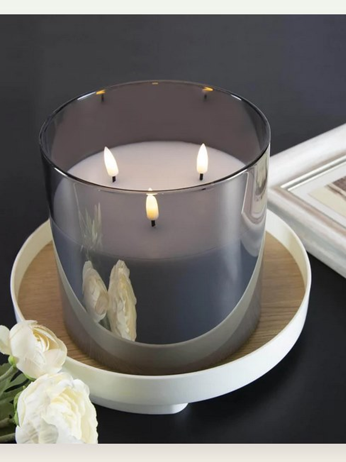 VELA cera efecto realista con LUZ LED vaso vidrio GRIS 15cm 5