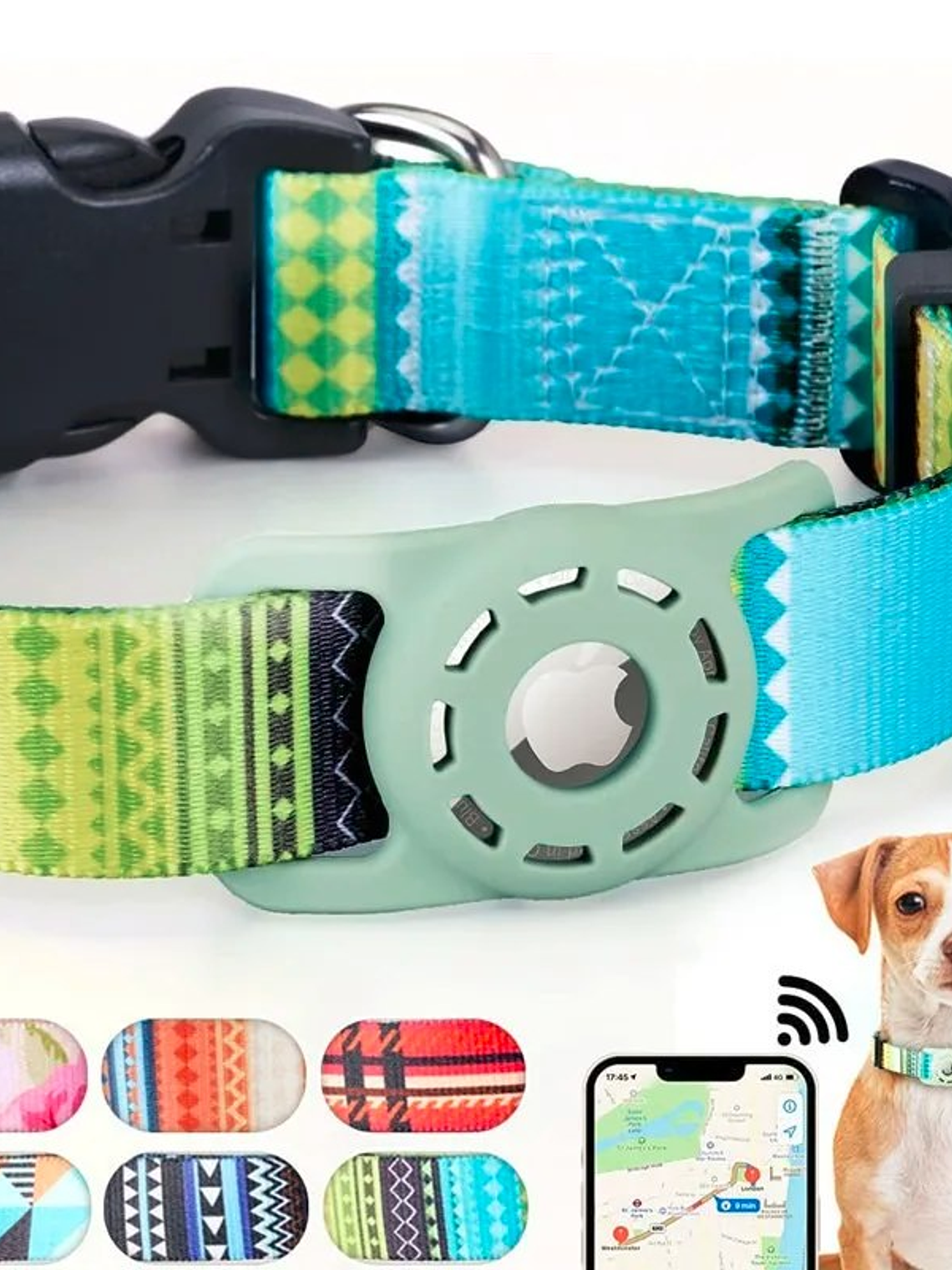 Collar mascota tela estampada con funda para Airtag COLORES 1