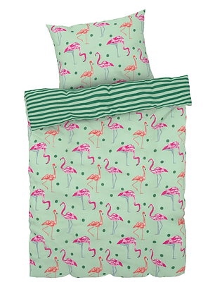 Cubre plumón y funda de cojín 1 PLAZA FLAMENCOS REVERSIBLE 135x200cm