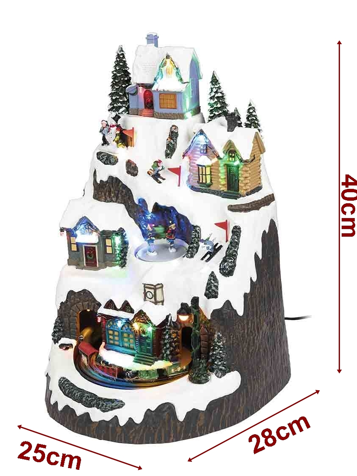 Villa navideña 40cm altura con luces y movimiento de tren y esquiadores 1