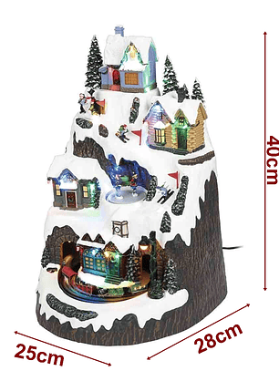 Villa navideña 40cm altura con luces y movimiento de tren y esquiadores