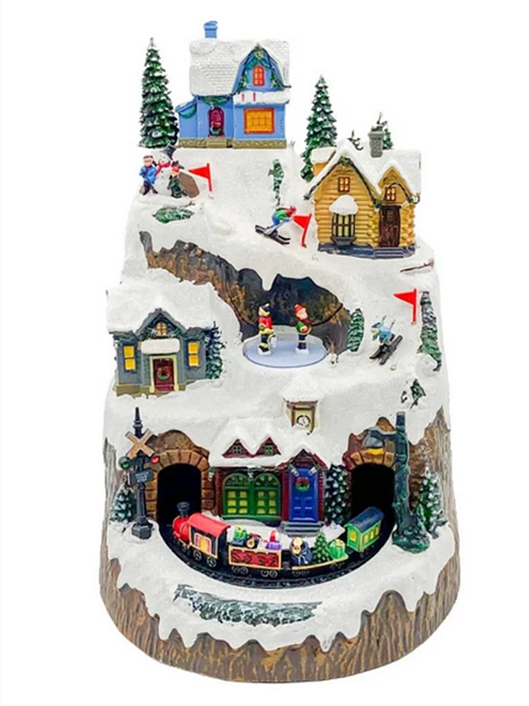Villa navideña 40cm altura con luces y movimiento de tren y esquiadores 2