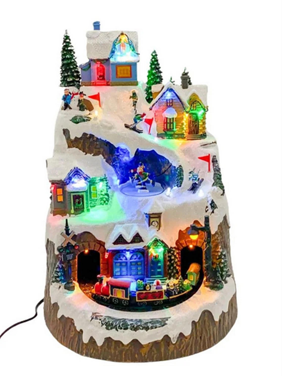 Villa navideña 40cm altura con luces y movimiento de tren y esquiadores 4