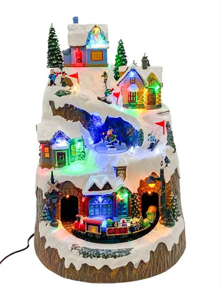 Villa navideña 40cm altura con luces y movimiento de tren y esquiadores 4