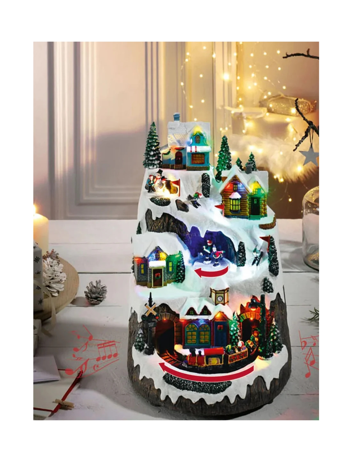 Villa navideña 40cm altura con luces y movimiento de tren y esquiadores 5