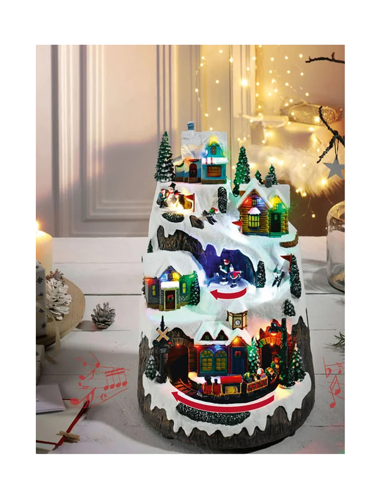 Villa navideña 40cm altura con luces y movimiento de tren y esquiadores 5