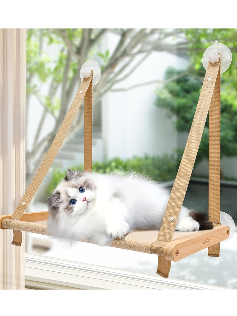 Hamaca de madera y tela para ventana para gato 4