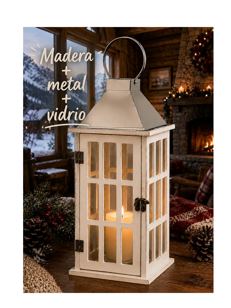 Farol de Adorno de estilo rústico en madera, latón y  vidrio 39cm altura 1