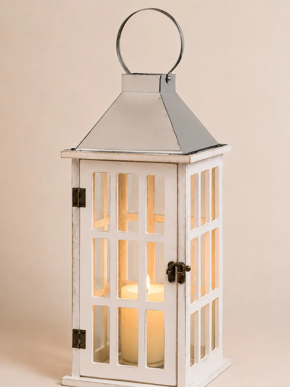 Farol de Adorno de estilo rústico en madera, latón y  vidrio 39cm altura 3